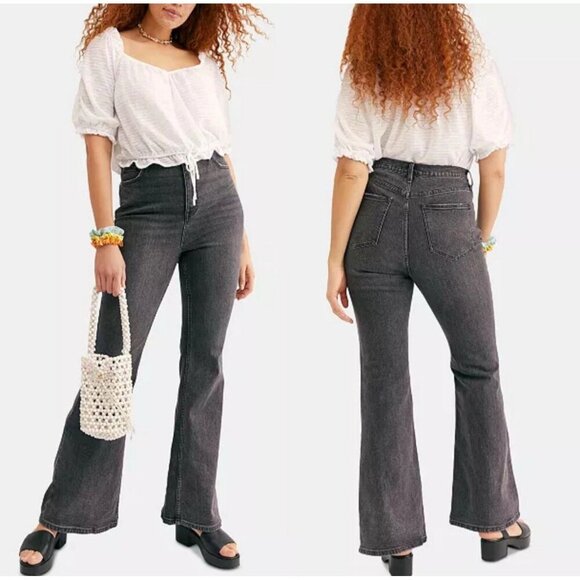 Free People Robin CRVY High Rise Flare Jeans Gray Black Wash Womens Size 28 Boho - Picture 2 of 11